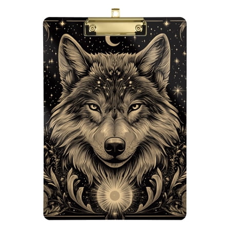 Enchanting Wolf Face Sun Moon Acrylic Clipboard Drawing Board with Hook Writing Pad File Storage A4 Size Gold 12.5" x 9"