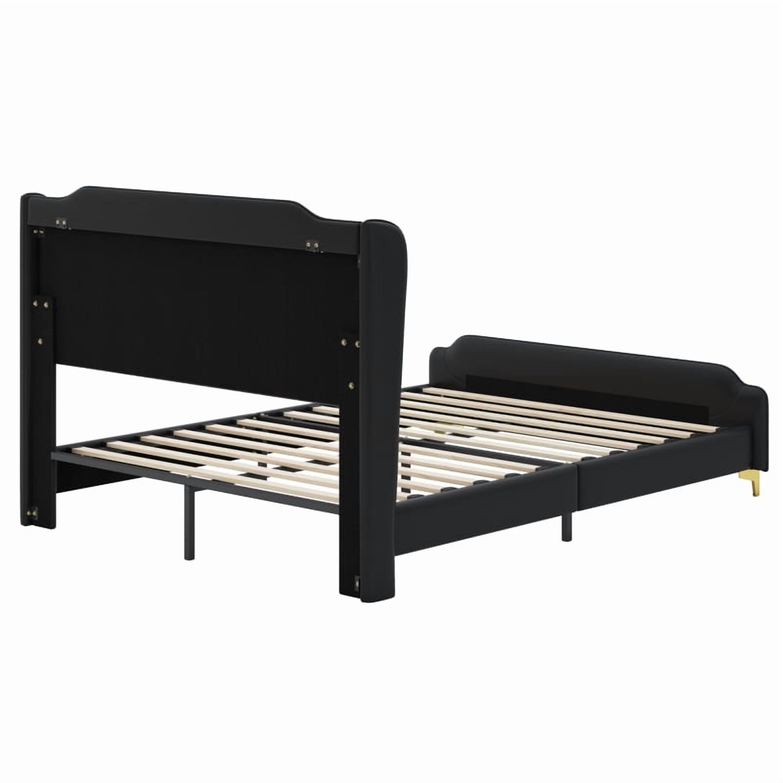 [Luckynote]Queen Size Leather Bed frame with Wingback Headboard & Footboard, PU Upholstered Platform bed, Solid Wooden Slats Support, Easy Assembly