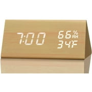Digital Alarm Clock, with Electronic Wooden LED Time Display, 3 Alarm Settings, Humidity and Temperature Detection, Wooden Electric Clocks for Bedrooms, Bedside Tables (yellow)