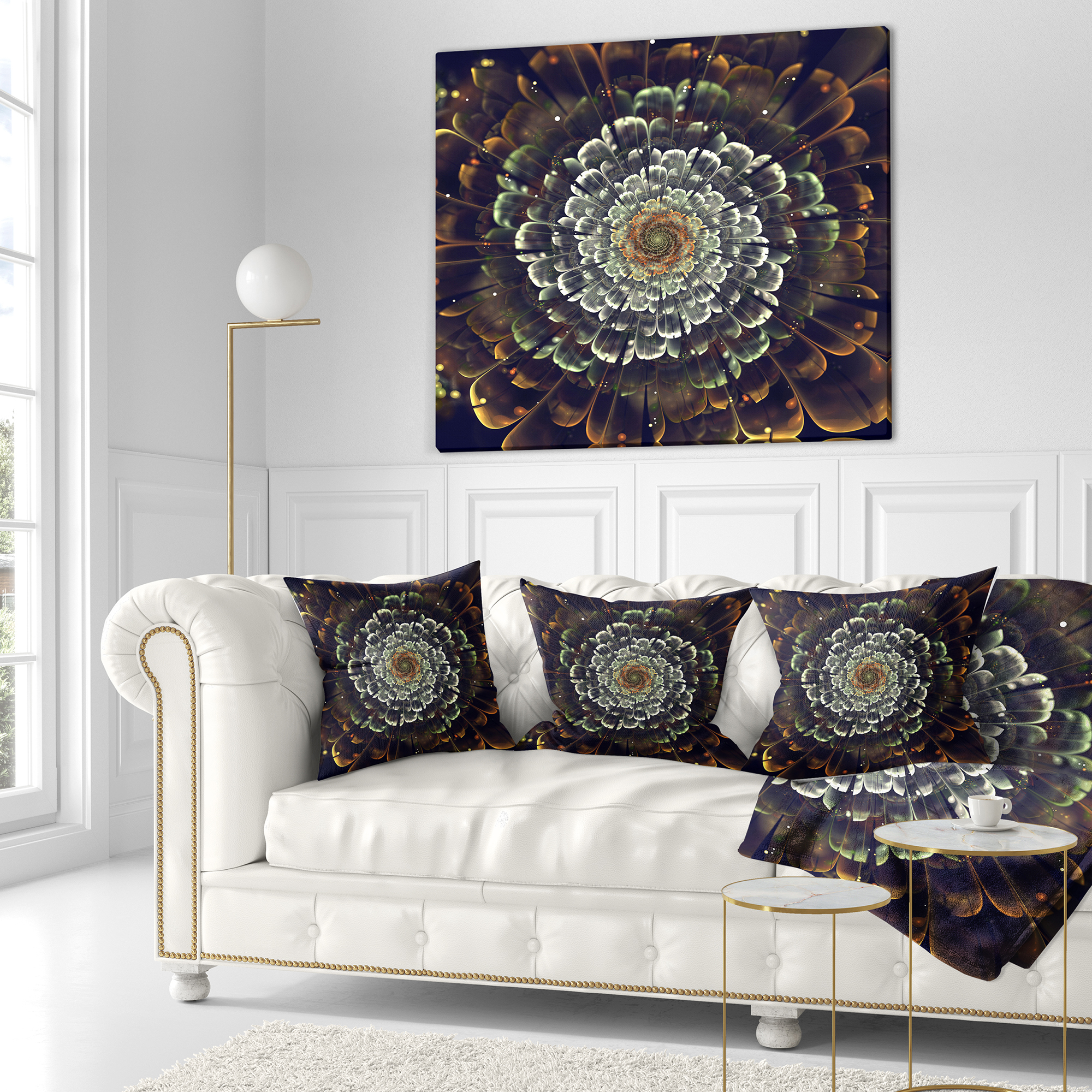 Designart Silver Metallic Fabric Flower - Abstract Throw Pillow - 18x18