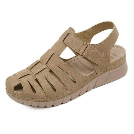 

Summer Wedge Sandals for Women Non-Slip Beach Hollow Closed Toe Platform Sandals Shoes Beige