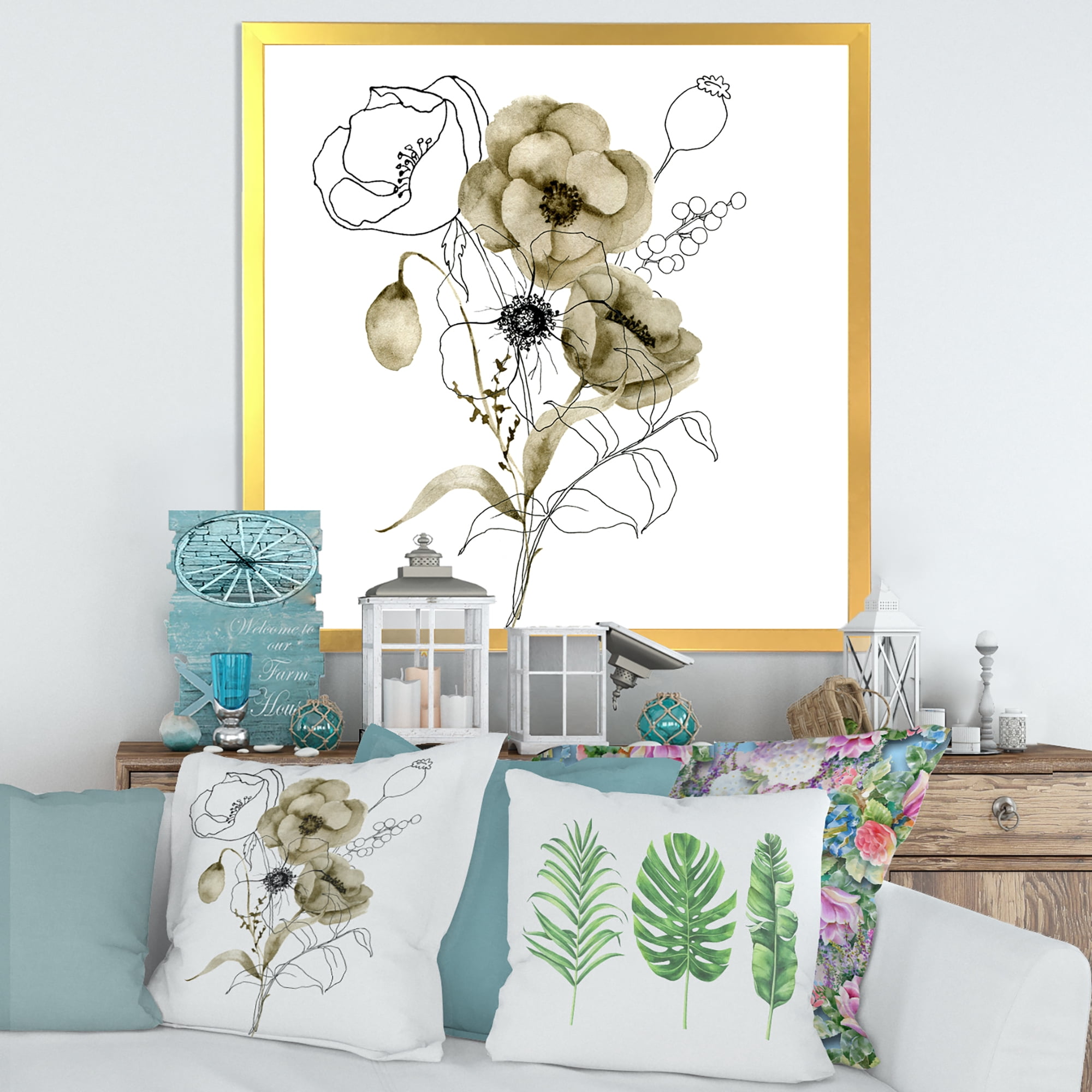 Designart 'Eucalyptus Branches With Anemone Bouquet Flower' Traditional Framed Art Print