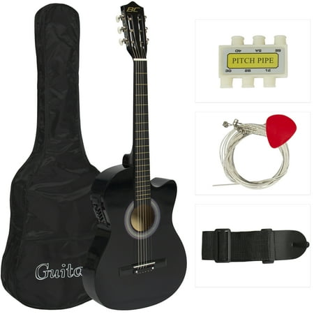Top Solid Body Electric Guitar - Best Choice Products 38in Beginners Acoustic Electric Cutaway Guitar Set w/ Case, Extra Strings, Strap, Tuner, Pick - Black