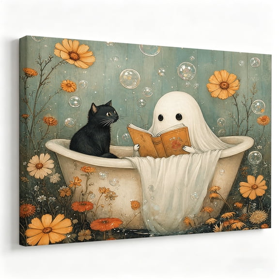 Ghost and Black Cat in Bathtub Halloween Canvas Wall Art Whimsical Reading Ghost Poster Cottagecore Bathroom Halloween Decor Kids Room Painting Print Ready to Hang