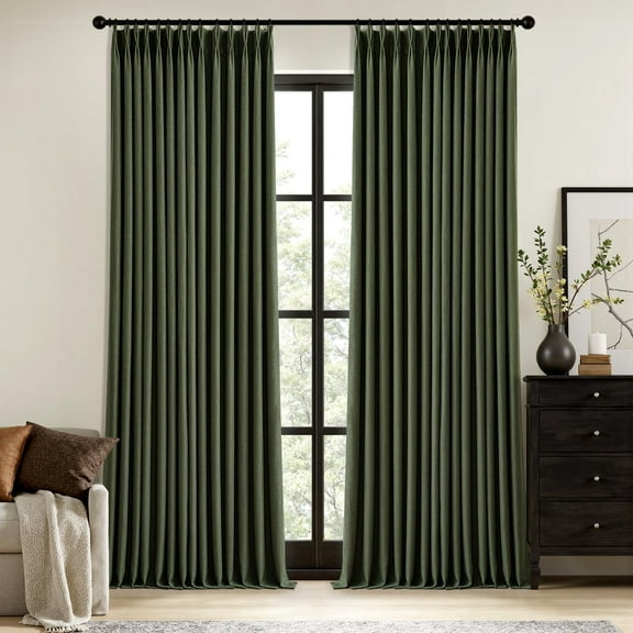 Olive Green Pinch Pleated 100% Blackout Linen Curtains 90 Inch Length 2 Panels Set, Black Out Memory Trained Pleat Light Blocking Room Darkening Drapes for Bedroom Living Window