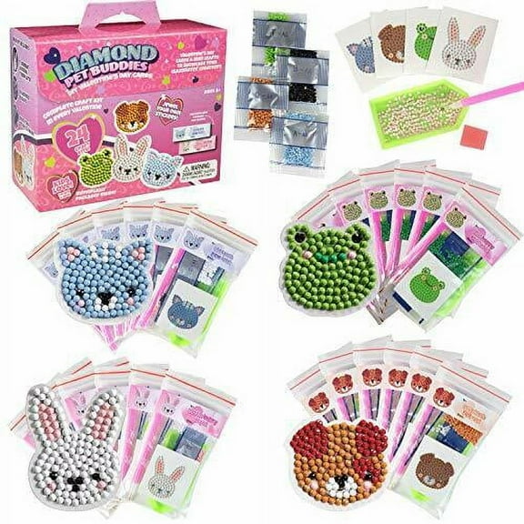 Pet Buddies Diamond Painting Kits (24ct)- Perfect Goodie Bag Party Favors for Kids Birthday Party -Each Includes Animal Gem Craft Activity & Sticker -Valentines Day Card Decor
