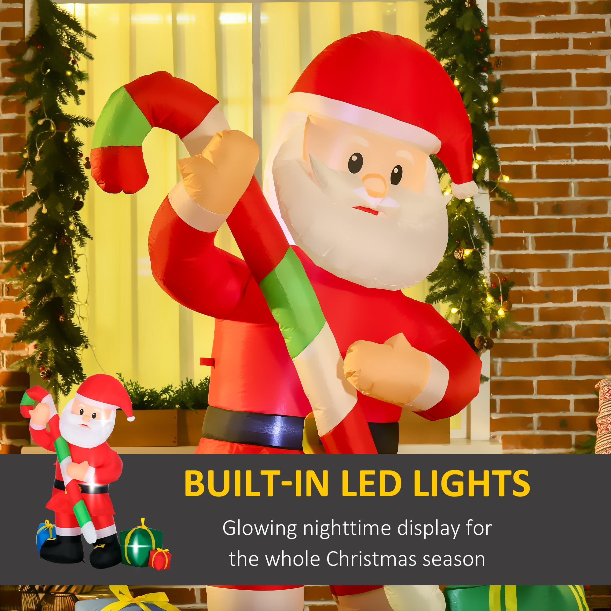 Santa Claus with Candy Cane and Gift Boxes Inflatable Outdoor Christmas Yard Decoration with Built-in LED Lights