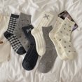 thumbnail image 3 of Nvzi 2 pares de calcetines grises a cuadros estilo campestre, calcetines retro con lazo estampado, calcetines de cuello redondo modernos y bonitos para mujer, talla única., 3 of 5