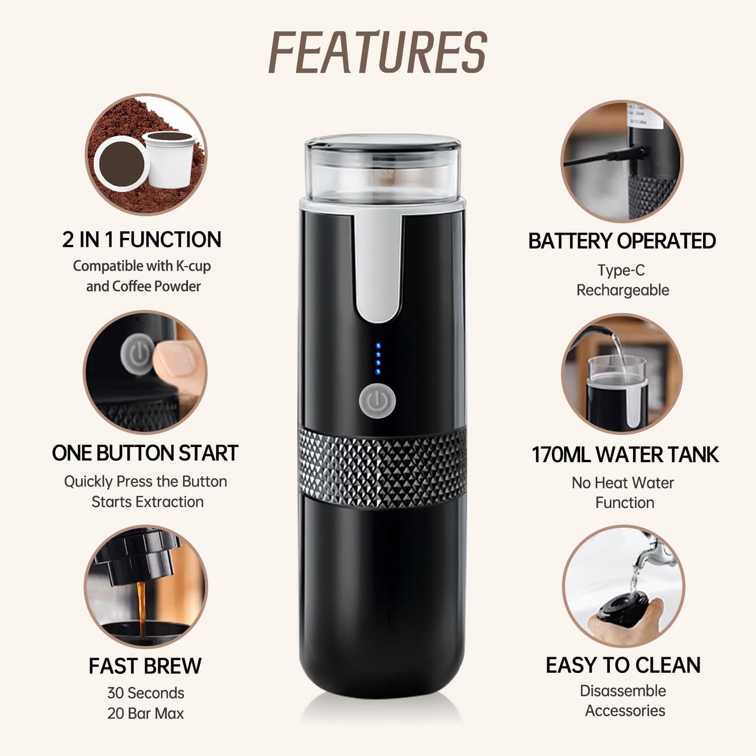 Portable Espresso Maker, Type-C Rechargeable Electric Travel Coffee Machine Non-Heating Version for Office Travel Camping Outdoors