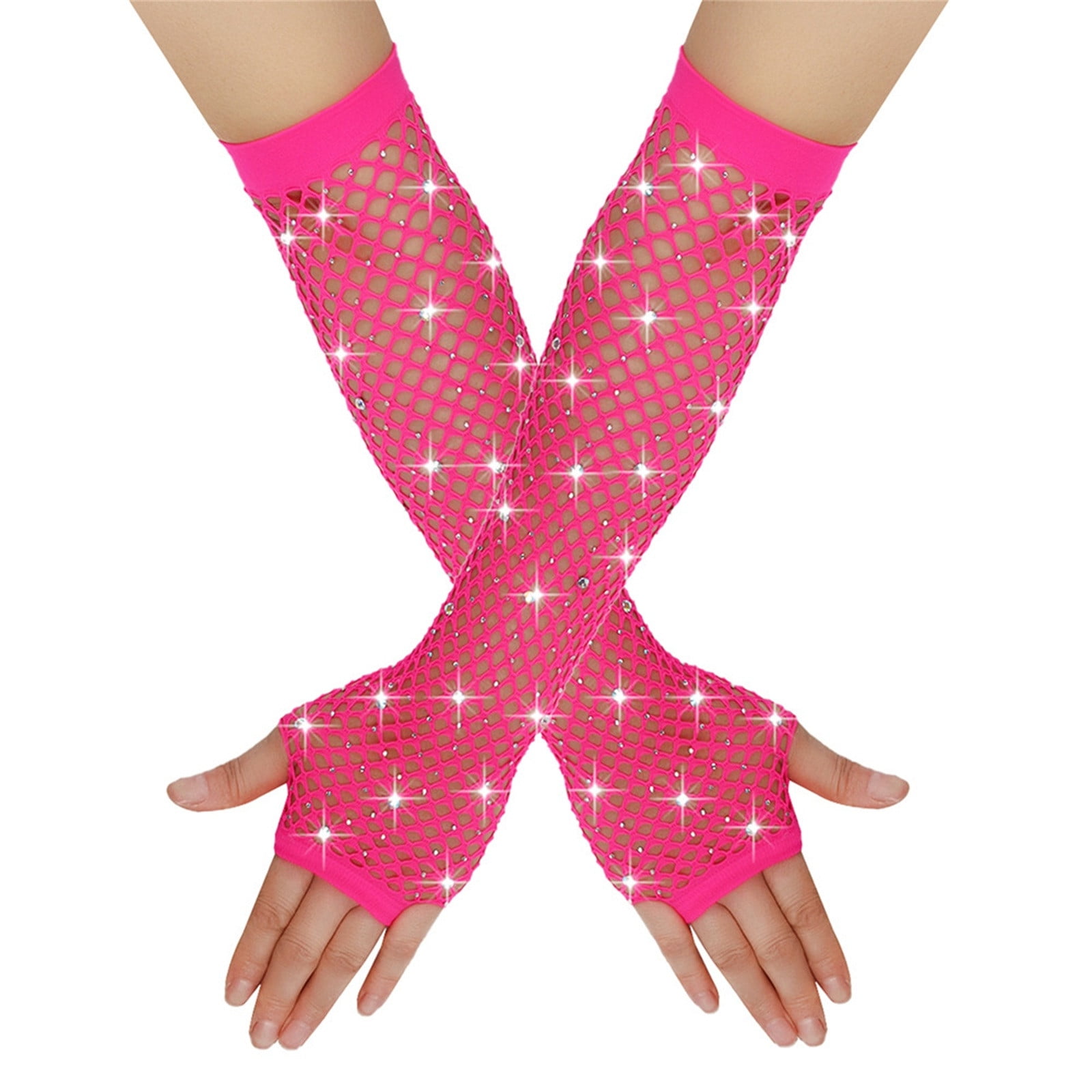 XMMSWDLA Rhinestone Fingerless Fishnet Gloves Long Crystal Glitter Fishnet  Arm Sleeve 80s Mesh Gloves For Women Girls 1920s Accessories Mesh Gloves  Hot Pink 
