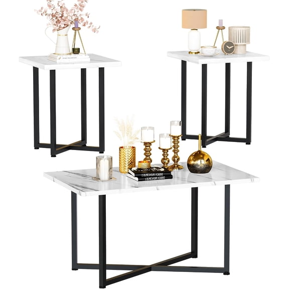 Baxluxe 3 Pieces Living Room Table Set, Coffee Table Set & 2 Side Table, Faux Marble Tabletop for Small Space, Office, Apartment.