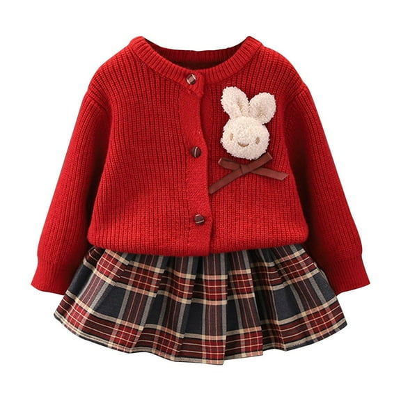 Odeerbi 0-11 Years Infant Girls Winter Outfits Long Sleeve Cardigan Sweater with Plaid Pleated Skirt Two-piece Set Fashion Knitted Skirt Set Infant Girls Clothes