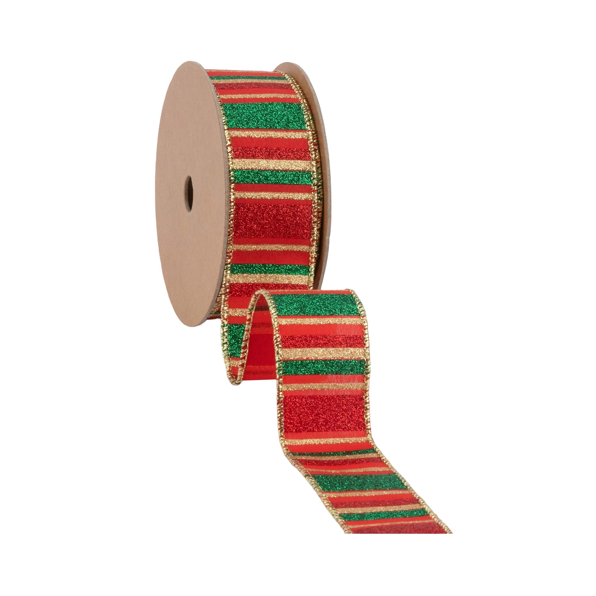 LaRibbons 1 1/2" Wired Ribbon, Red, Green, Gold Horizontal Glittered Stripes on Red, 10 Yard Roll