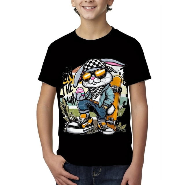 T-shirt à Col Rond pour Garçons avec Imprimé de Lapin de Pâques, Planche à Roulettes et Œufs - Cool, Léger et Confortable / T-Shirt d'Été Décontracté Lavable en Machine pour Occasions Festives, Vêtements/graphique Vibrant pour Garçons