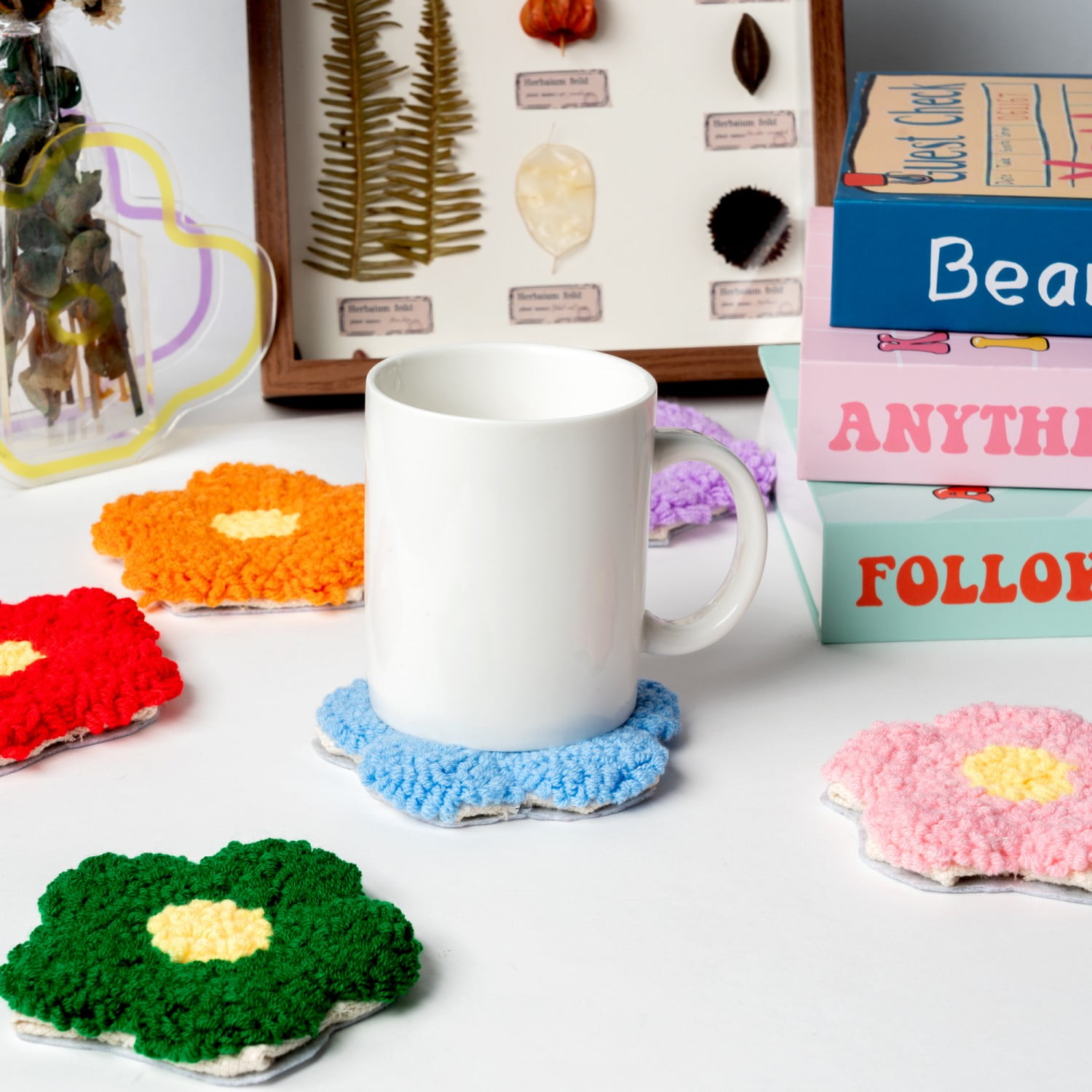 Laffact DIY Flower Punch Needle Coaster Craft Kits for Beginners,Flower Patterns Coaster Tufted Rug Pads,Colorful