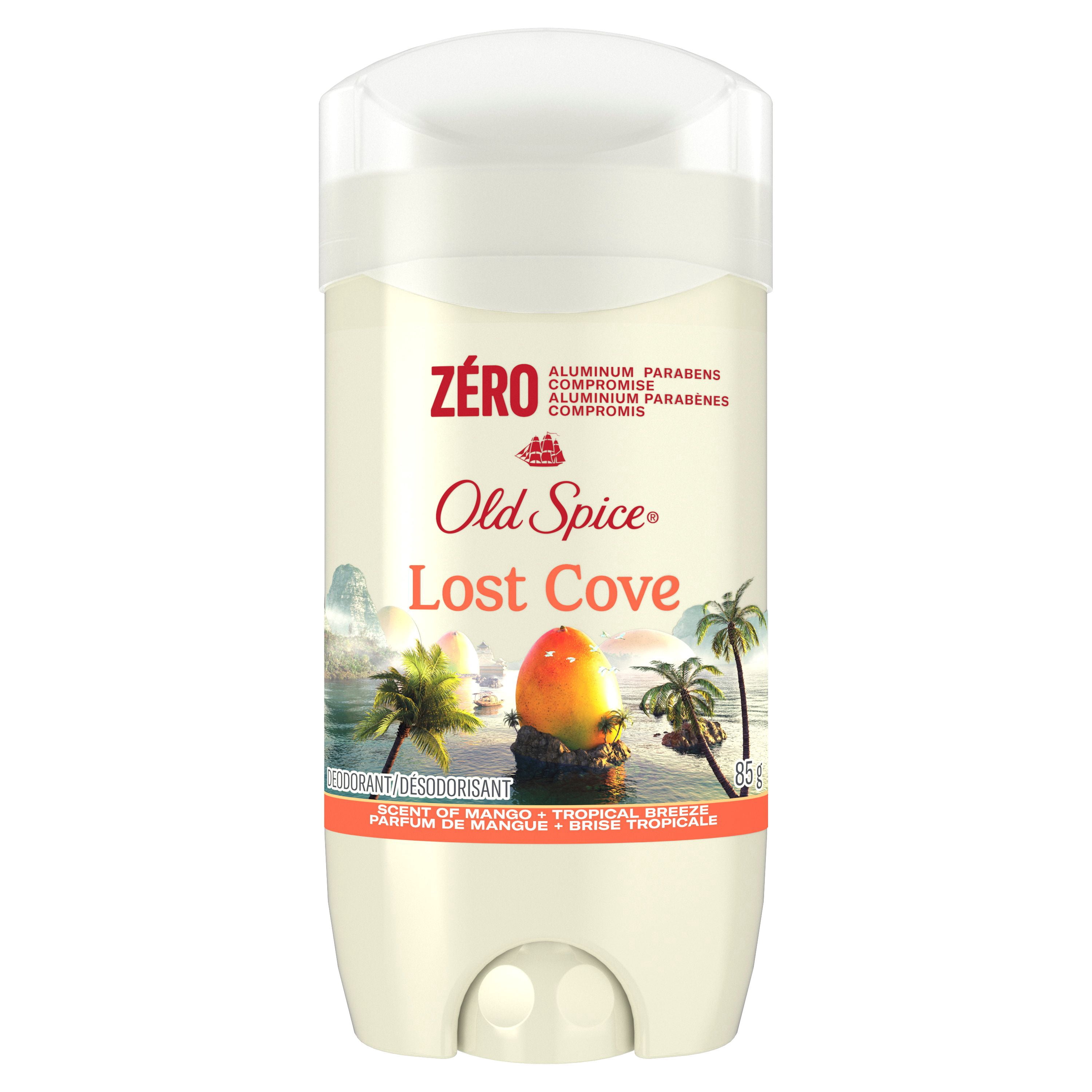 Désodorisant Old Spice pour hommes, Lost Cove, parfum de mangue et brise tropicale, fraîcheur durable 24/7, sans aluminium, 85 g