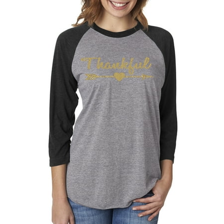 - Thankful Gold Glitter Christmas Shirt Womens 3/4 Raglan Sleeve T-Shirt Top