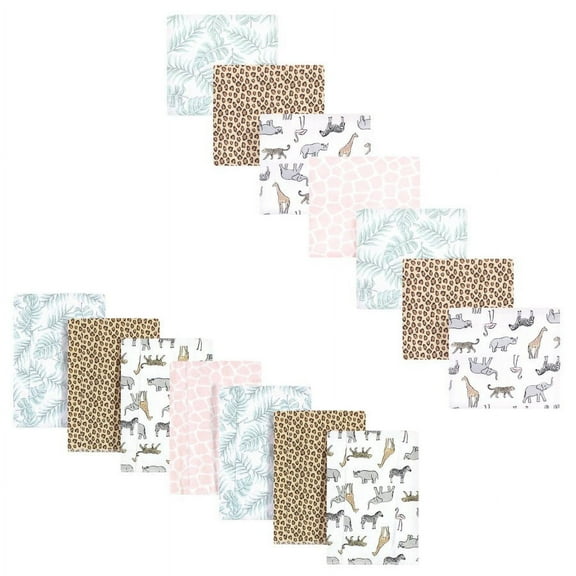 Hudson Baby Infant Girl Cotton Flannel Burp Cloths and Receiving Blankets, 14-Piece, Modern Pink Safari, One Size