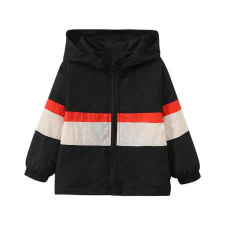 Girls Windbreaker Jacket Lightweight Colorblock Hooded Full-zip Rain Coat Fall Spring Outerwear 2-10 Years (2 Years Black)