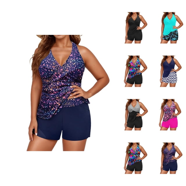 Womens Tankini Swimsuits 2026 Fashion Modest V Neck Crossover Top with Boy Shorts Two Piece Bathing Suits Woman