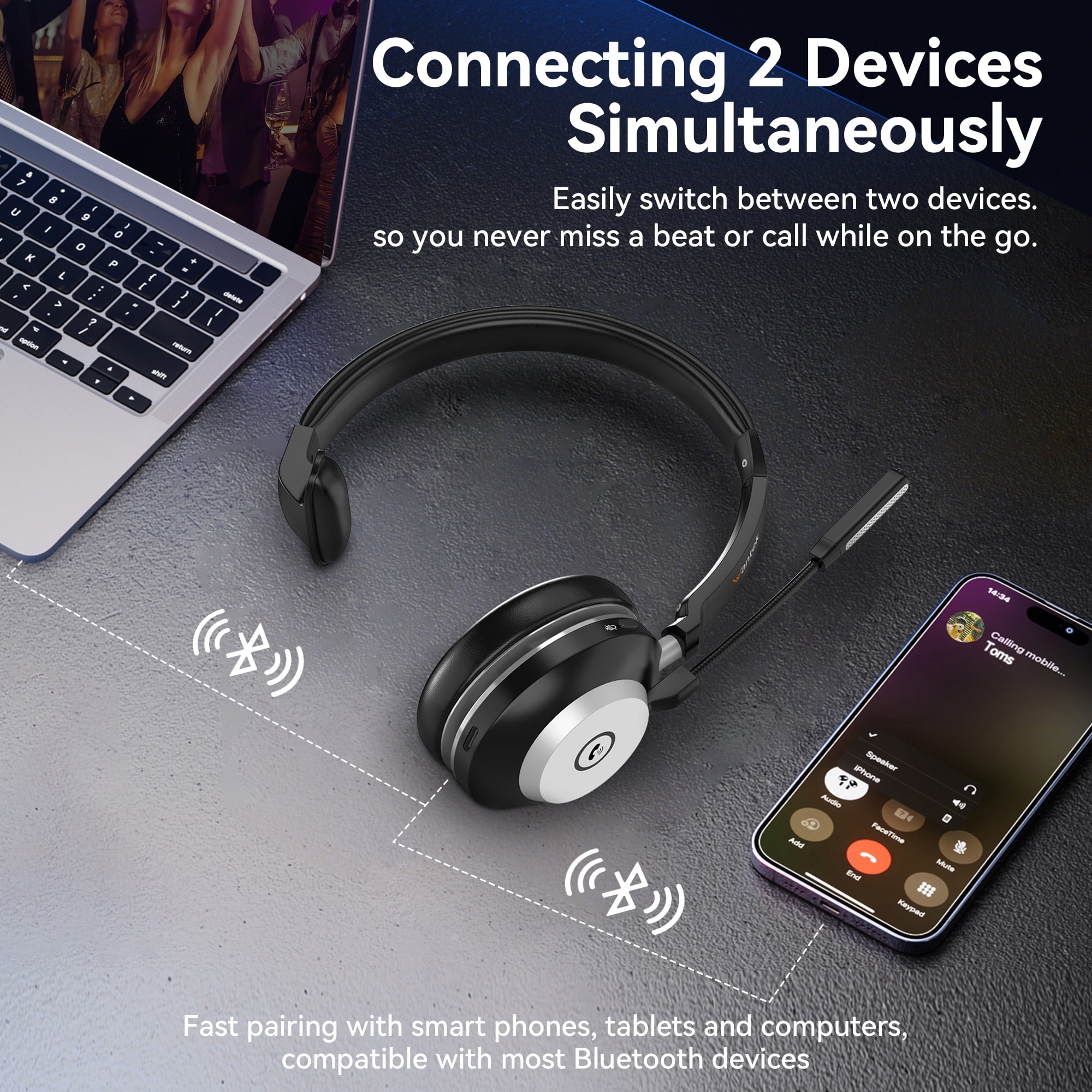 Trucker Bluetooth Headset with Microphone, with AI Noise Cancelling & Mute Button, Wireless On-Ear Headphones 60 Hrs Working Time, for Trucker Home Office Remote Work Zoom