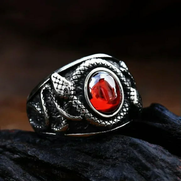 K-KED Double Snake Red CZ Ring Stainless Steel Vampire Blood Men's Vintage Biker Ring-8