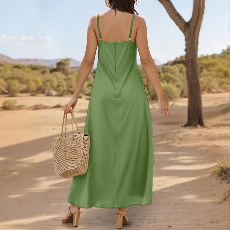 plain summer maxi dresses Neewe Summer Maxi Dresses for Women Loose Casual Classic Tunic Waist  Pleated Plain V Neck Adjustable Strap Long Dress with Pocket