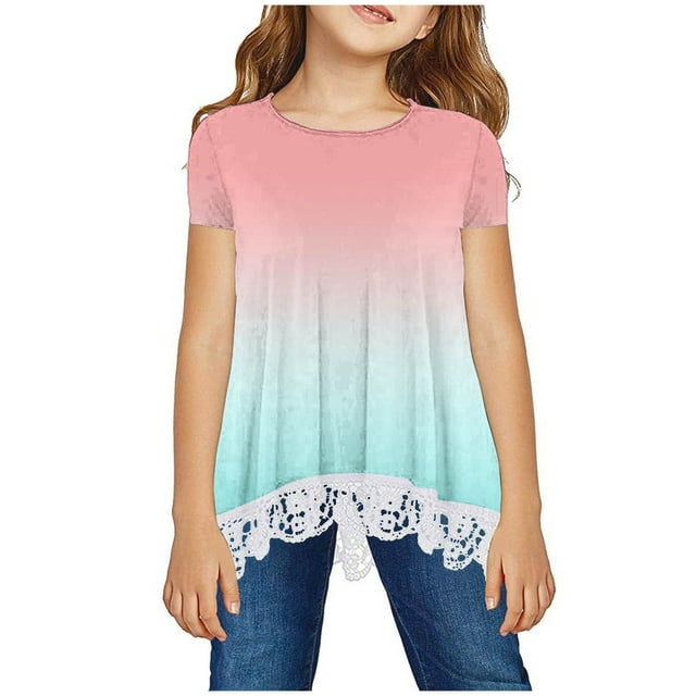 Shorts pour Filles, Robe à Manches Courtes, Chemise pour Filles Col Ras du Cou à Imprimé Superposé Manches Courtes Mignonne Blouse pour Enfants T-Shirt en Dentelle Haut