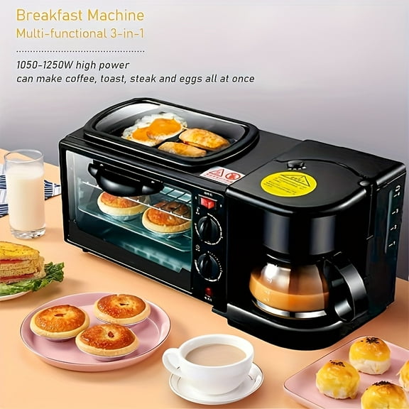 3-in-1 Breakfast Station: Coffee Maker, Non-Stick Bread Oven & Skillet, Automatic Timer for Eggs, Bacon, Sausage, Sandwiches, Healthy Snacks or Desserts