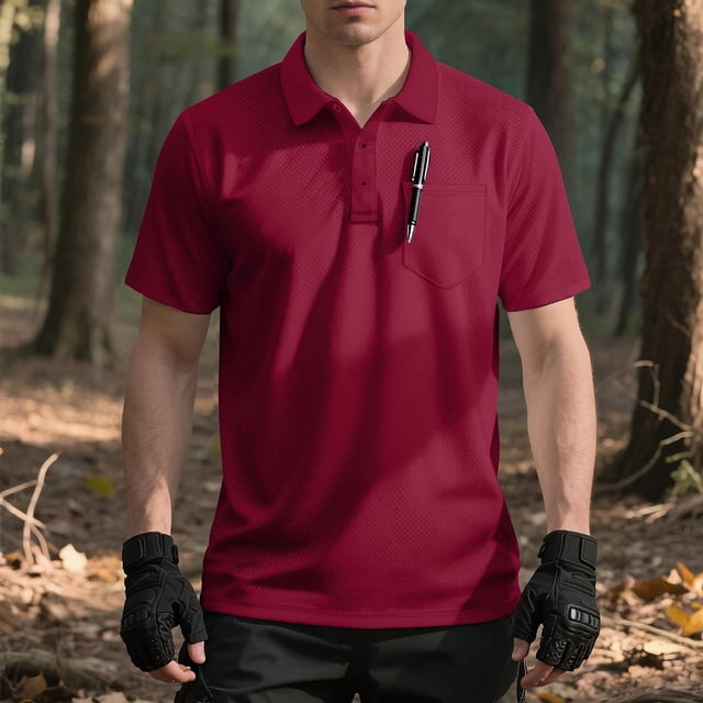 Ceisia Men's Regular Straight Short-Sleeve Functional Polo Shirt Breathable Mesh Chest Pocket Spring Summer Shirt Gift