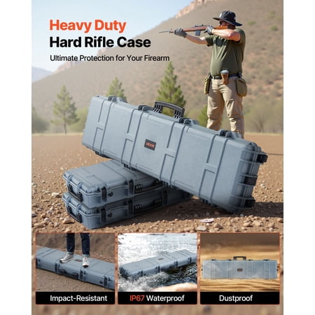 Hard Rifle Case Lockable Rifle Case with Pre-cut Foams 50 in Movable Gun Storage with Wheels IP67 Waterproof&Dustproof Pistol Storage for Rifle Shotgun Airsoft Gun Grey