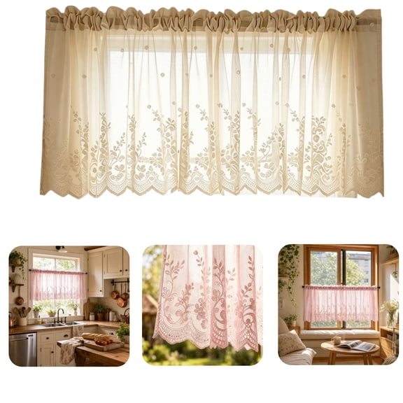 56"X18"Boho Lace Window Curtain Valance Embroidered Solid Color Farmhouse Light Filtering Small Window Tier for Kitchen Living Room