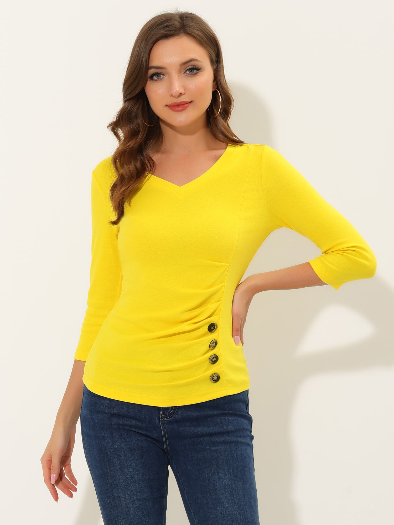 DARING DIVA V Neck Knitted Buttons Decor Ruched Blouse Top XS Lemon Yellow