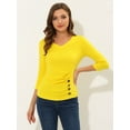 thumbnail image 3 of INSPIRE CHIC Women's Button Decor V Neck 3/4 Sleeve Ruch Top Lemon Yellow XL, 3 of 5