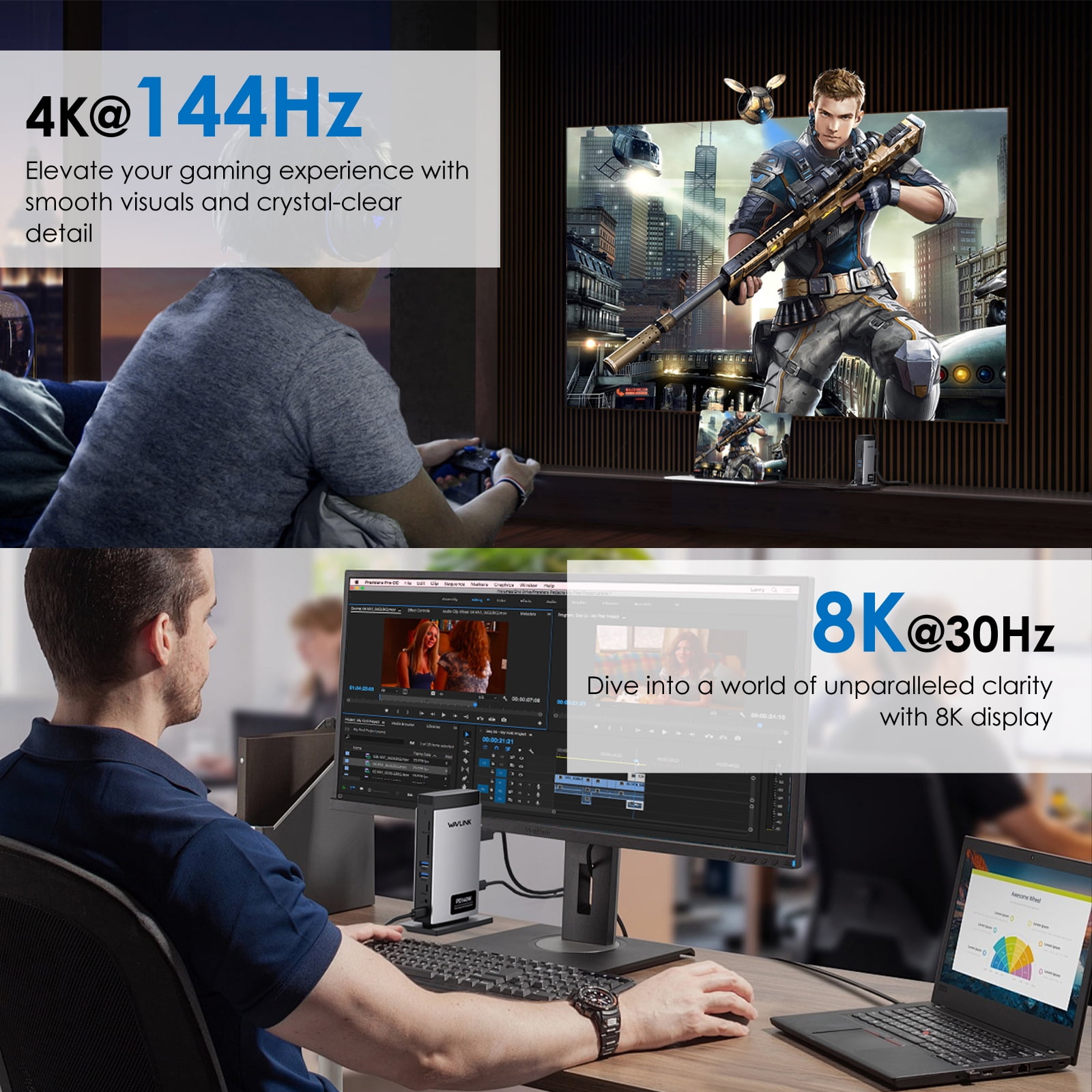WAVLINK 8K Triple Display USB C Docking with 140W Power, Laptop Dock Station with Displayport*2 + HDMI, RJ45, 10G USB-C, USB 3.0*2, SD/TF Slot, Audio/Mic, for M1/M2/M3 MacOS & Windows