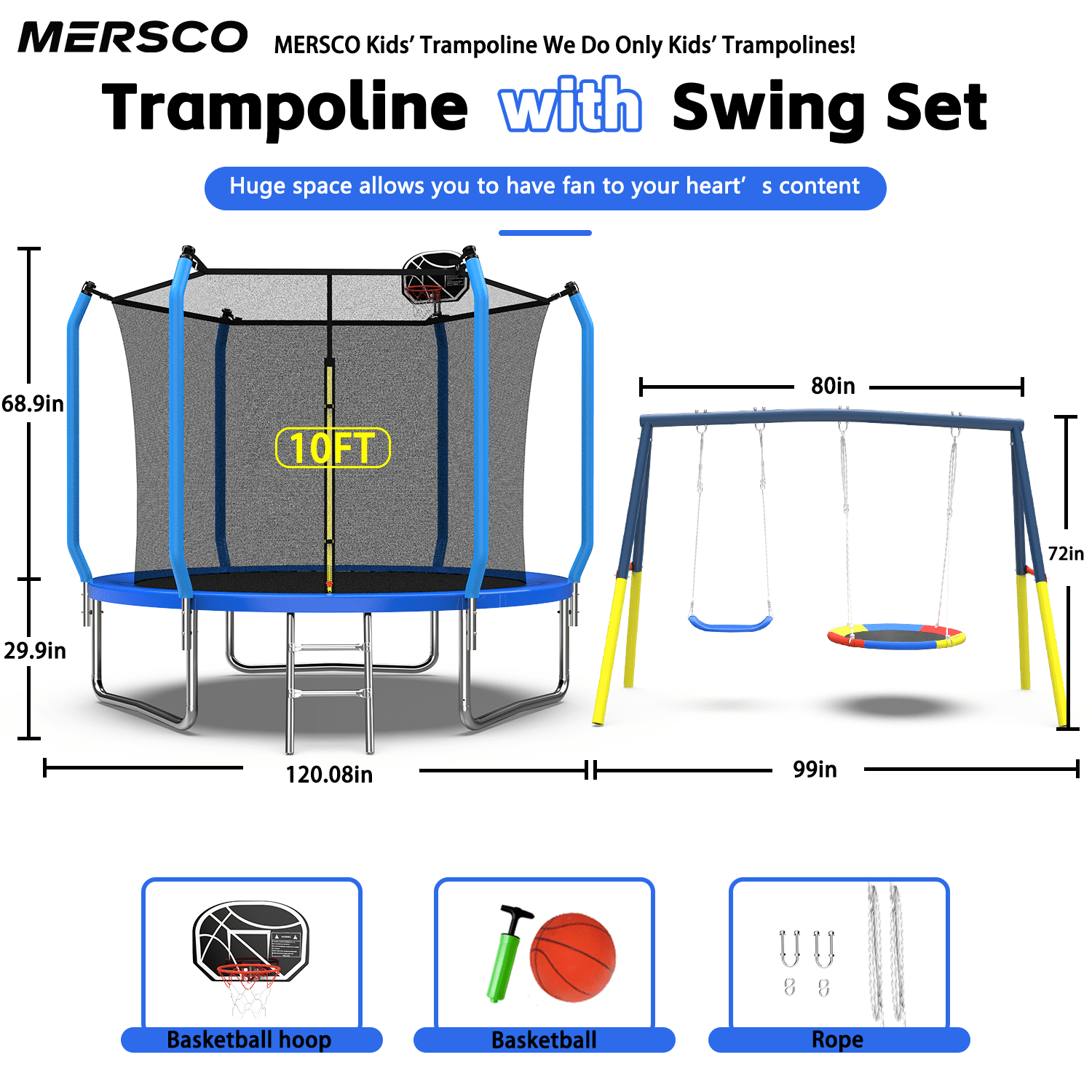 Mersco 10FT Trampoline with Enclosure Net,Swing Set, Outdoor Trampoline with Basketball Hoop for Kid,Jumping Trampoline with Swing Set for Backyard,Birthday and Holiday Gifts for Kids,Blue