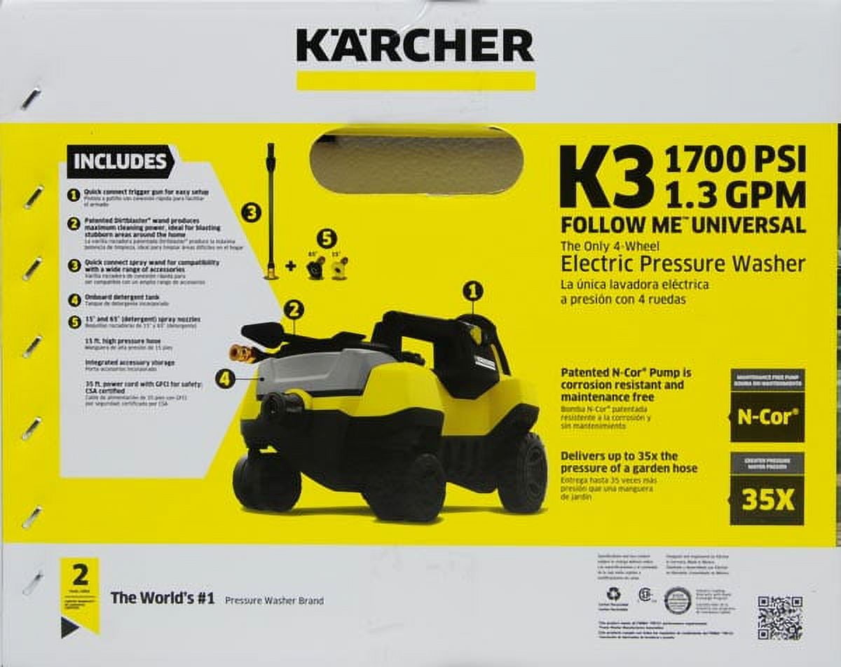 Kärcher - K3 Follow Me TruPressure Electric Power Pressure Washer - 1800  PSI - 4-Wheeled - With Vario Power & Dirtblaster Spray Wands - 1.3  GPM,Yellow