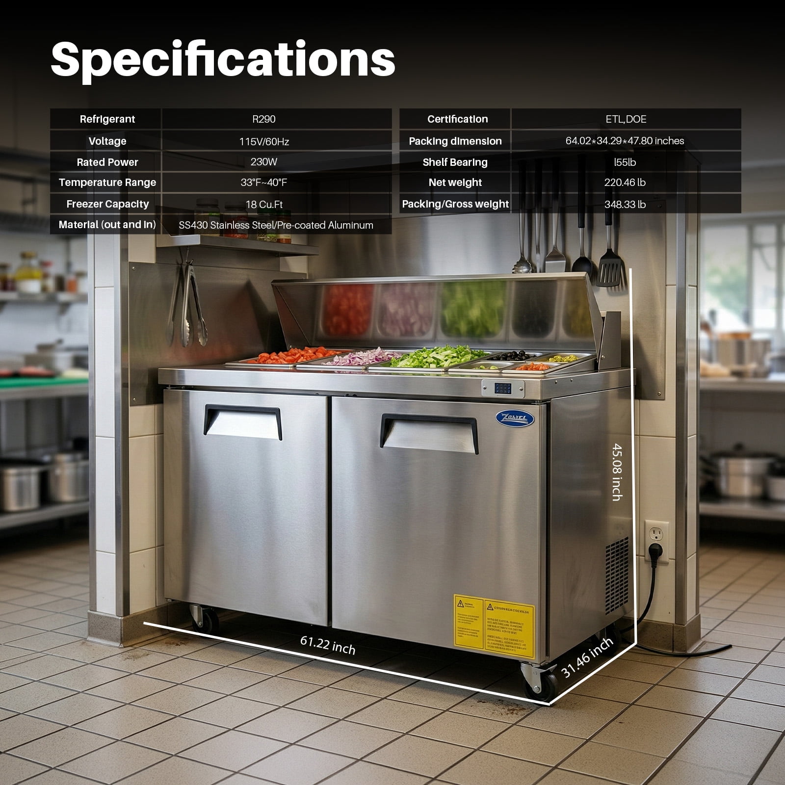 60" W Commercial Sandwich Salad Prep Table Refrigerator for Restaurant Bar Shop, Stainless Steel Sandwich Prep Table with 16 Pans, 18 Cu.Ft Capacity, Auto Defrost, Digital Temp Control, Low Noise