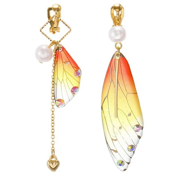Nvzi-c Plated Asymmetrical Butterfly Bug Wing Drop Dangle Earrings Crystal Fairy Wing Earrings for Women Wedding Jewelry,Ear clip style,Orange