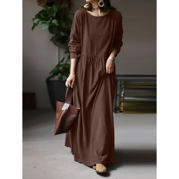 ZANZEA Womens Dresses O-Neck Long Sleeve Solid Color Casual Long Dress