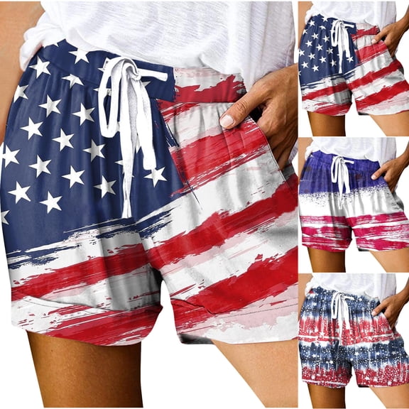 Up to 60% Off! pstuiky American Flag Shorts for Women, Women Independence Day Shorts Printed Multi-pocket Lace-Up Shorts Tropical Board Shorts Leisure Pants Prime Deals Blue S