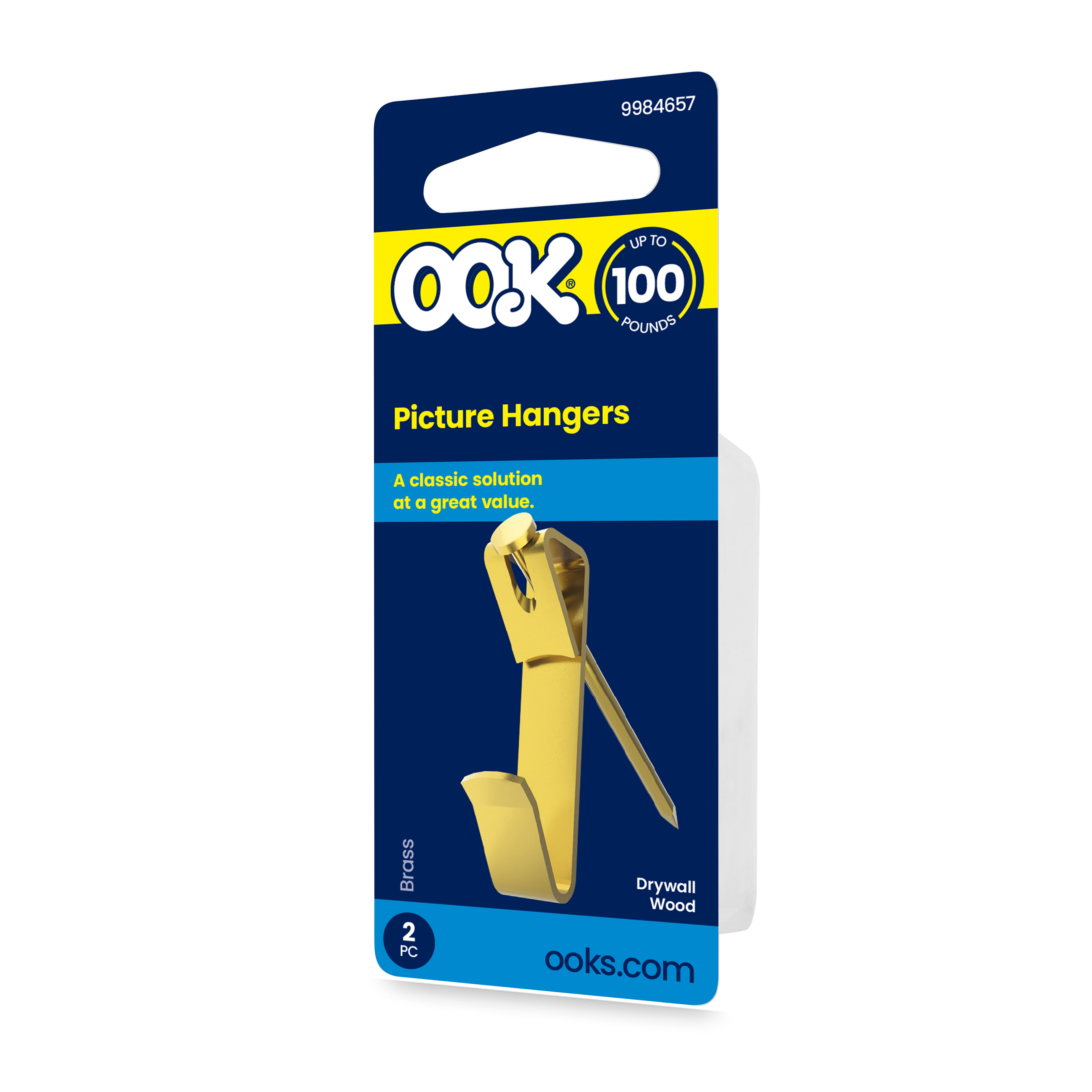 (4 pack) Ook Picture Hangers, 100 lbs, for Drywall and Wood, Steel, Brass Finish, Gold, 2 pack