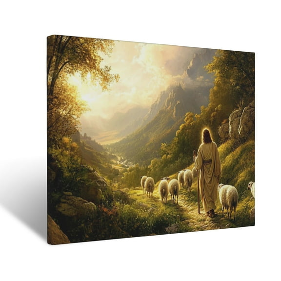 CozyNet Jesus Glowing With Radiant Peace, Guiding A Shepherd And Sheep Through A Serene Valley Wall Art Prints With Frame Canvas Perfect for Living Room & Bedroom, Ready to Hang, Wall Decor 12"x16"