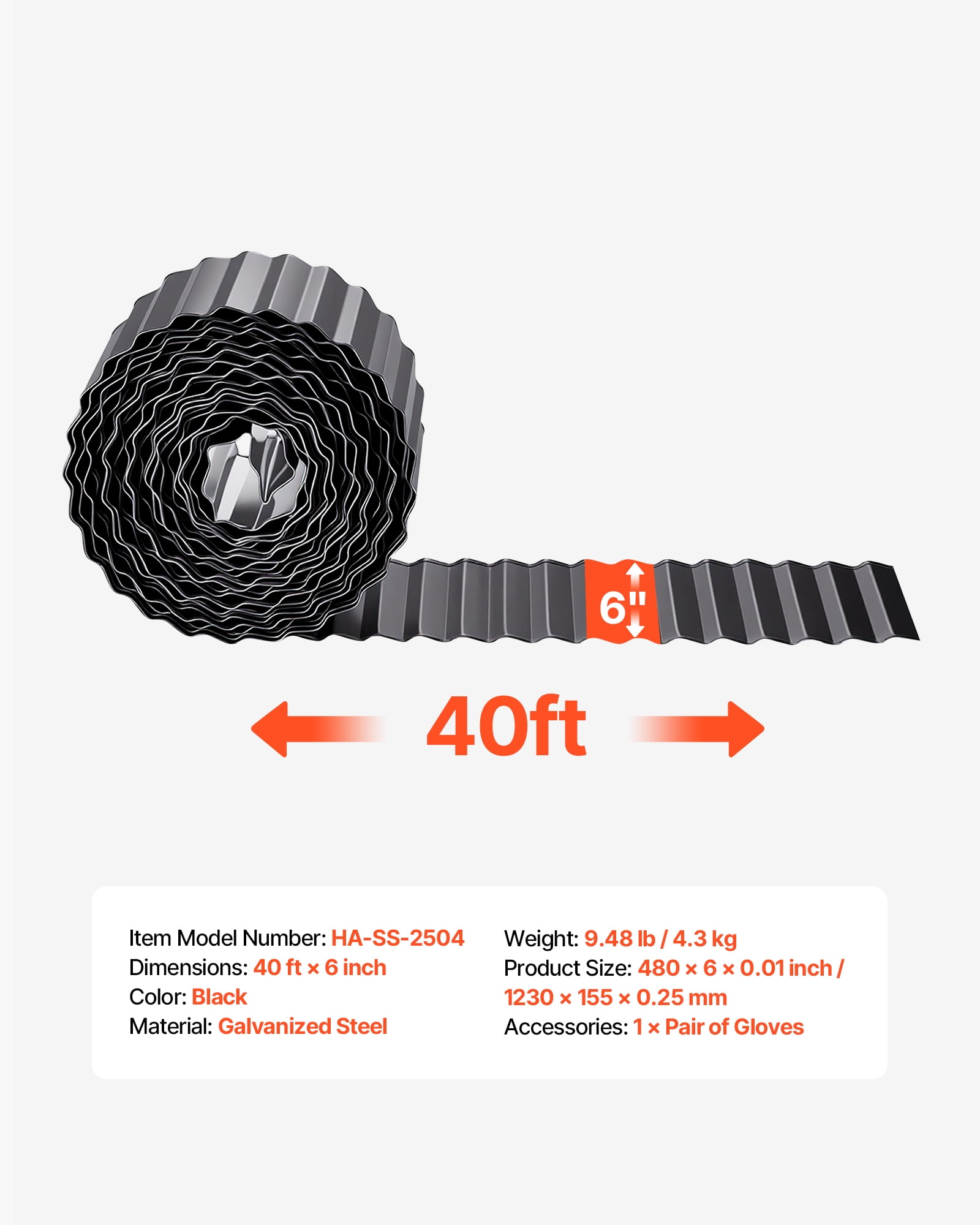 VEVOR Galvanized Steel Landscape Edging, 40 ft x 6 in Metal Edging for Landscaping with Gloves, Easy-to-Install Bendable Metal Strips, Heavy Duty Metal Garden Edge Border for Flower Bed, Yard Pathway