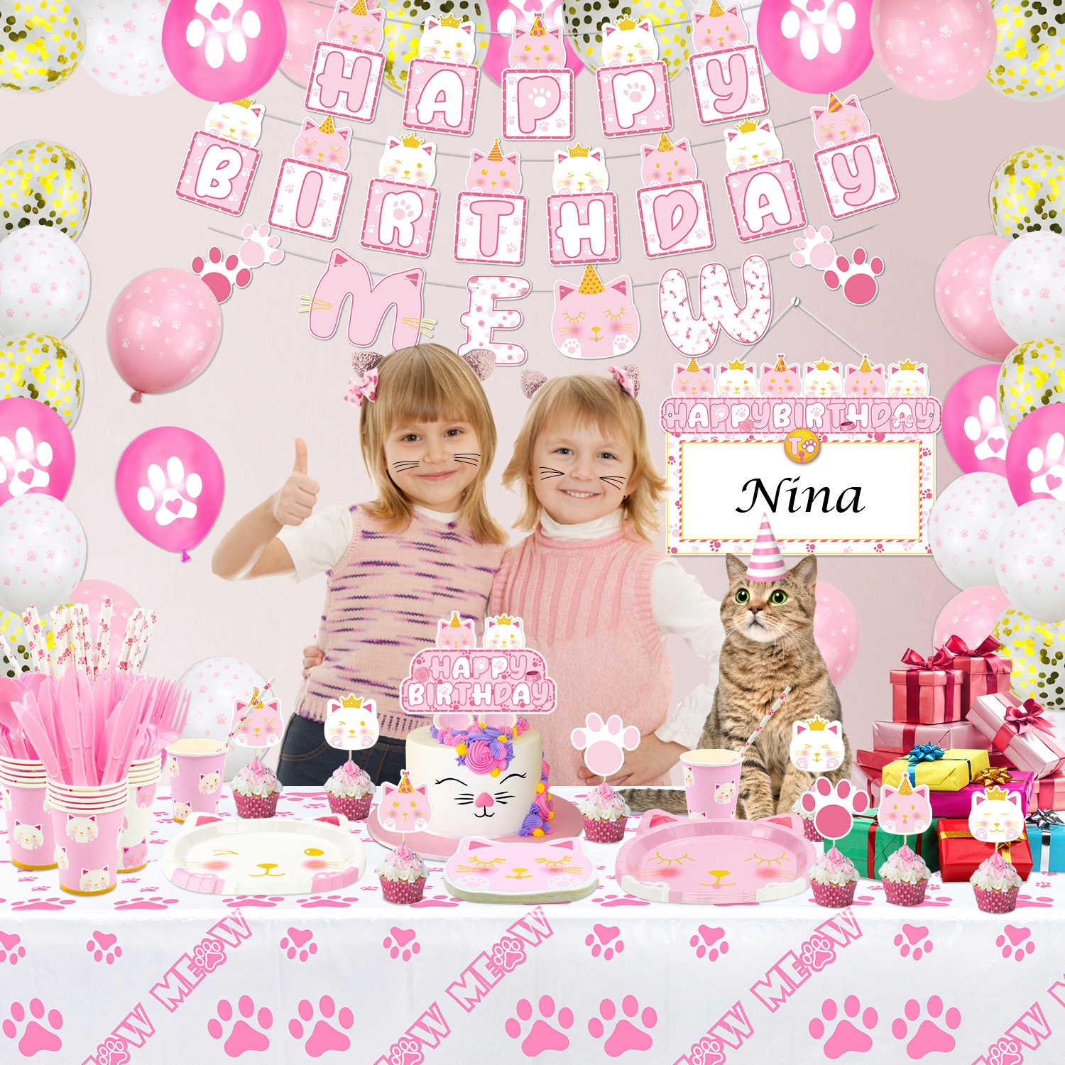 218 PCS Cat Birthday Party Supplies - Cat Balloons, Birthday Banner, MEOW Garland, DIY Hanging Sign, Cake Topper, Plates, Napkins, Cups and Tablecloth for Cat Birthday Decorations, Serve 20 Guests