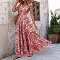 thumbnail image 2 of Boho Dresses for Women V Neck Short Sleeve Floral Printed Maxi Dresses Elastic Smocked Waist Tiered A Line Casual Dresses, S, 2 of 7