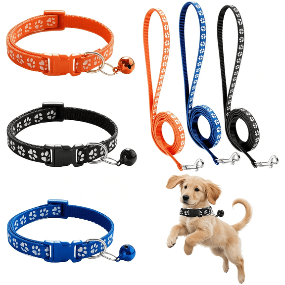 GASTROPOD Dog Collar and Leash Set 3Pcs Puppy Collar and Leash Paw Print Whelping Id Collars Buckle Soft Nylon Litter Adjustable Pet Collar for Puppy Small Dogs Walking Training (Black Orange Blue)