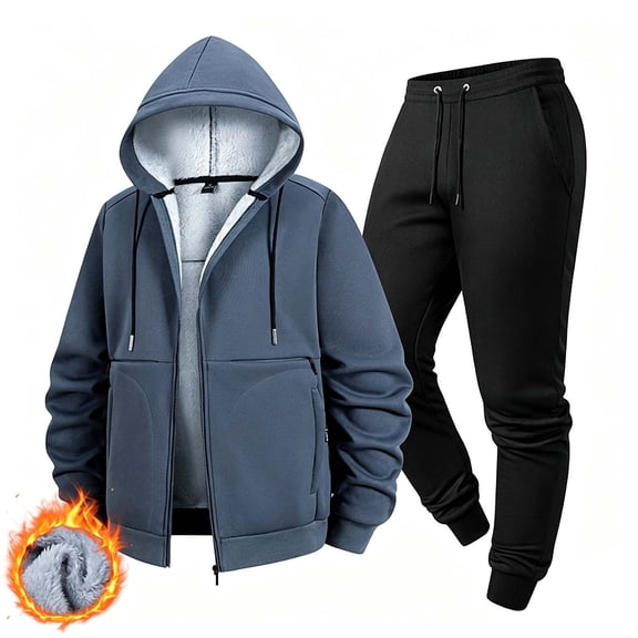 LEKWK Fleece Lined Tracksuit Men 2 Piece Outfit Winter Warm Athletic Sweatsuit Zip Up Hoodie and Joggers for Gym Running Activewear