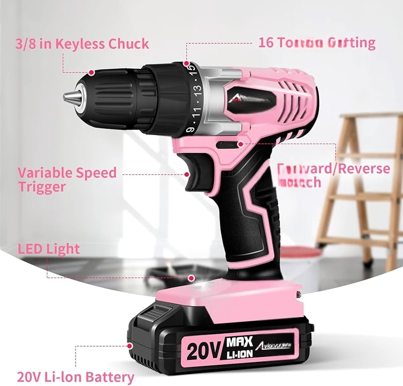 20V MAX Lithium lon Cordless Drill Set, Power Drill Kit with Battery and Charger, 3/8-Inch Keyless Chuck, Variable Speed, 16 Position and 22pcs Drill Bits (pink)