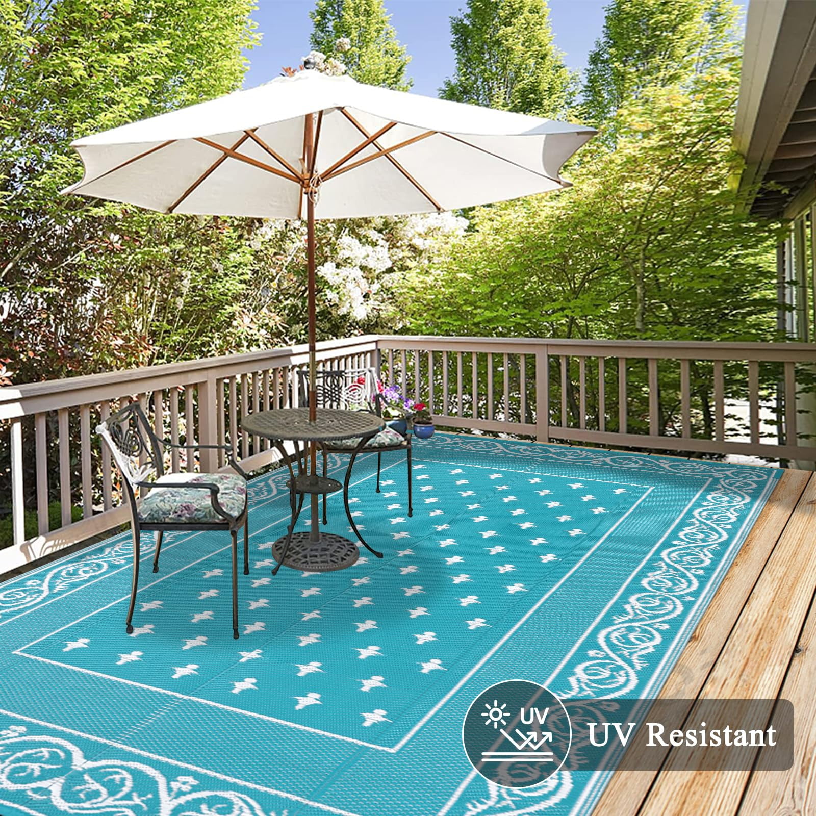 Findosom 8'x10' Teal Large Outdoor Rug Outdoor Mat RV Outdoor Rug Reversible Plastic Straw Rug Patio Rug Waterproof Foldable Portable Camping Rug for RV, Patio, Backyard, Deck, Picnic, Beach, Trailer